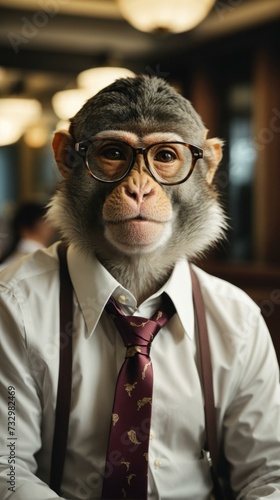 A monkey wearing glasses and a tie. Generative AI.