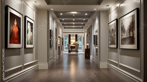 A gallery-style hallway with recessed lighting and niches for displaying artwork photo