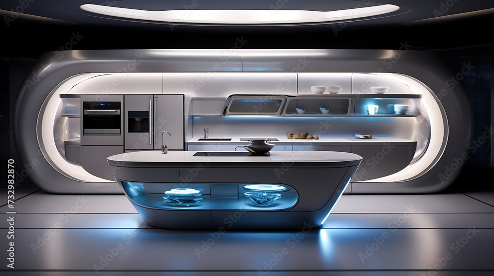 A futuristic-style kitchen with cabinets that open with touch-sensitive panels