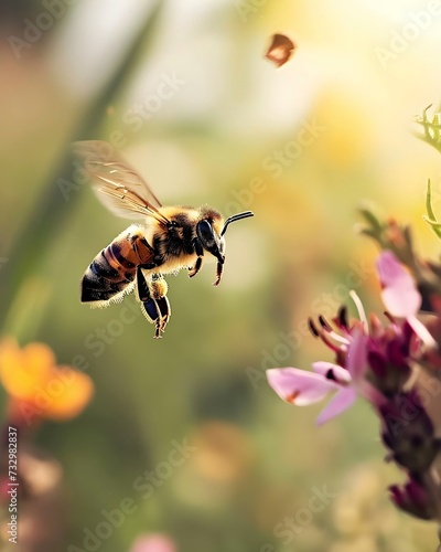 a bee flying away from a bunch of flowers © KWY