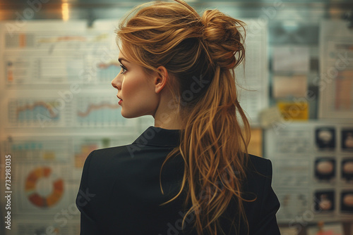 back of a businesswoman with brunette hair in an office setting