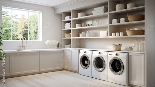 A functional laundry room with concealed storage cabinets for cleaning supplies photo