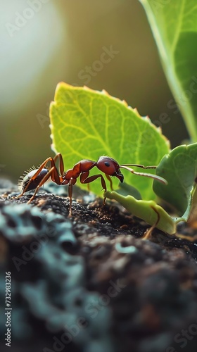 a red ant ant standing on top of a green leaf © KWY