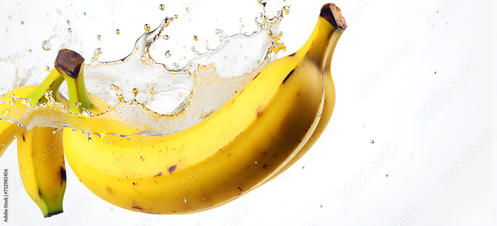 Bananas falling in the water. three bananas in water on a white background