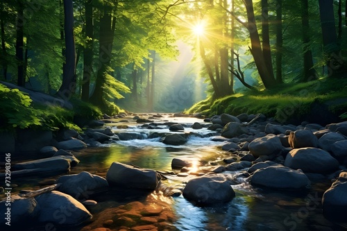 a peaceful river flowing through a forest, with dappled sunlight on the water's surface