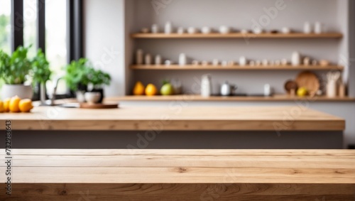 Empty wooden table and blurred kitchen interior background  product display montage