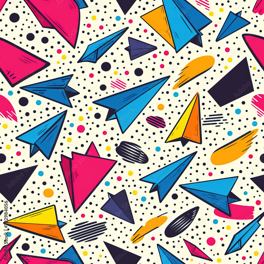 Obraz premium Paper airplane minimal cartoon abstract colorful repeat pattern, pop art line art bright trendy repetitive design