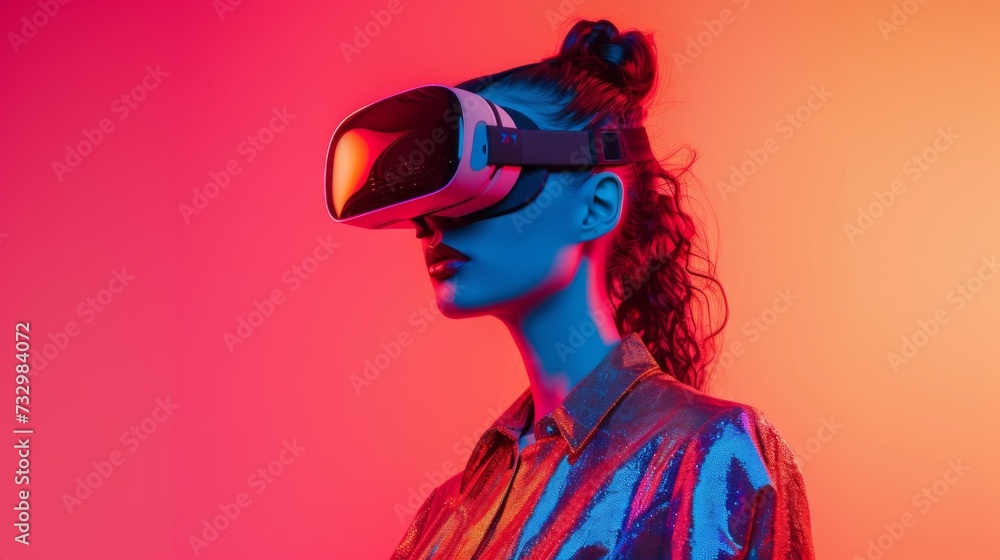 Young woman in VR headset on red background. Immersive experience of virtual reality in futuristic fashion editorial style. Young woman in VR headset on red background. Immersive experience of virtual reality in futuristic fashion editorial style.