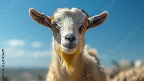 The cute goat looks on curiously