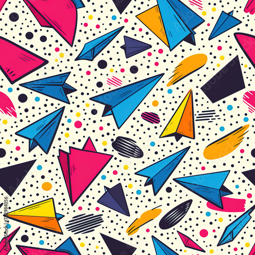 Paper airplane minimal cartoon abstract colorful repeat pattern, pop art line art bright trendy repetitive design