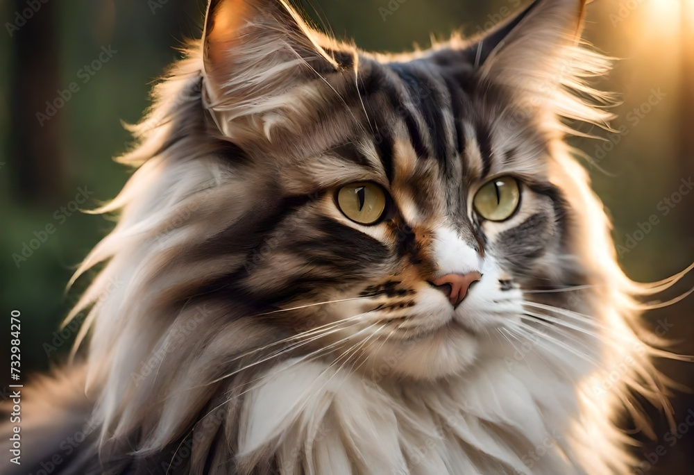 A close-up shot of a regal and dignified Norwegian Forest cat, captured in a soft and warm lighting, showcasing its majestic presence and beautiful long fur.
