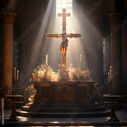 the grandeur of an altar with a brightly illuminated cross