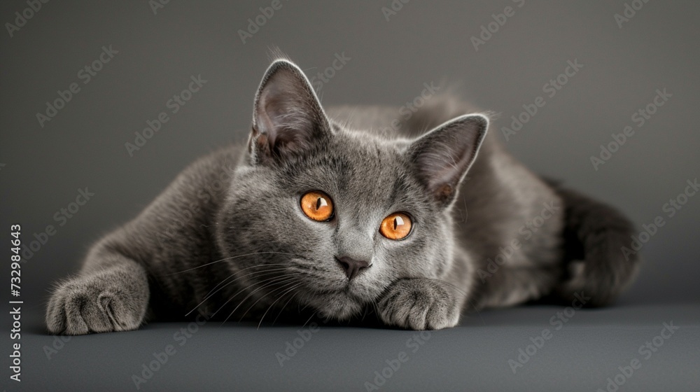 A charming Chartreux cat against a backdrop of soft slate gray, its dense fur and bright copper eyes reflecting its calm and gentle temperament. A charming Chartreux cat against a backdrop of soft slate gray, its dense fur and bright copper eyes reflecting its calm and gentle temperament.