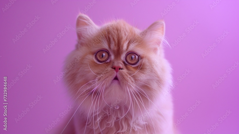 A charming Exotic Shorthair cat against a backdrop of soft lilac, its plush coat and expressive eyes giving it a teddy bear-like appearance. A charming Exotic Shorthair cat against a backdrop of soft lilac, its plush coat and expressive eyes giving it a teddy bear-like appearance.