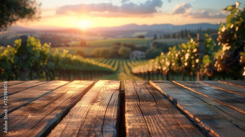 An empty wooden table for product display. Blurred french vineyard in the background