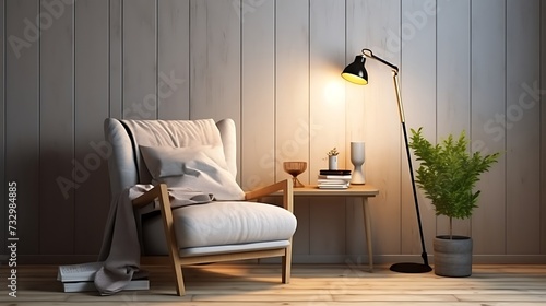 A cozy reading nook in the minimalist bedroom with a simple chair and floor lamp