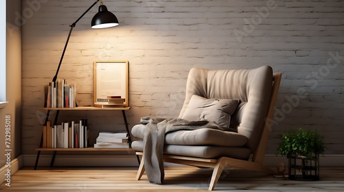 A cozy reading nook in the minimalist bedroom with a simple chair and floor lamp photo
