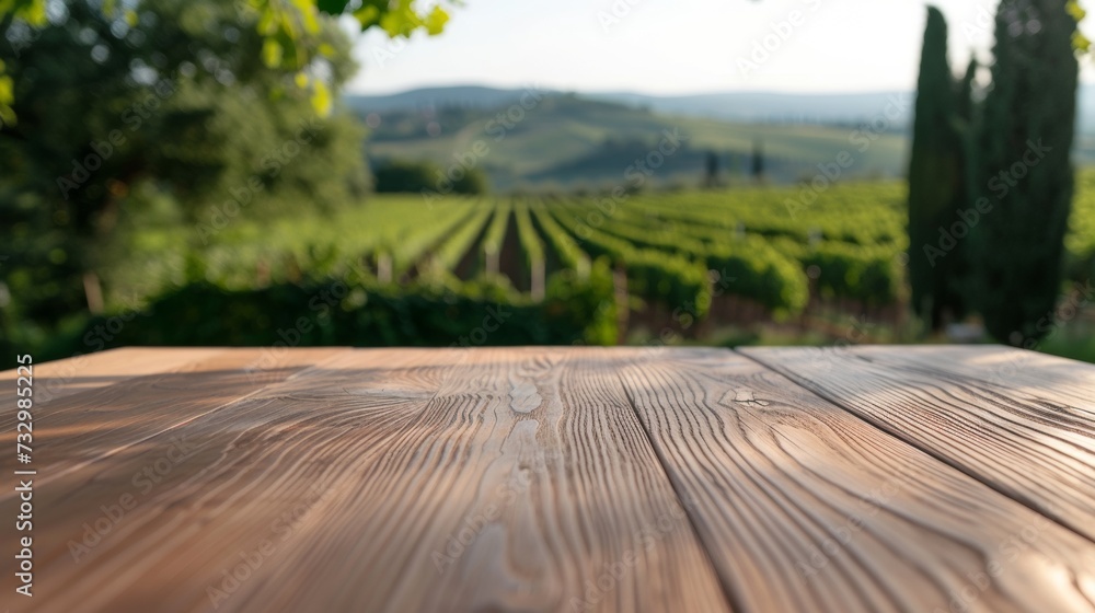 Fototapeta premium An empty wooden table for product display. Blurred french vineyard in the background