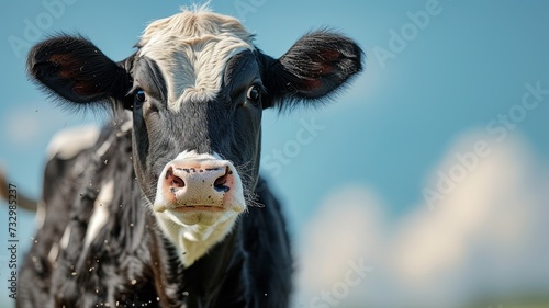 A black and white cow looks curiously photo