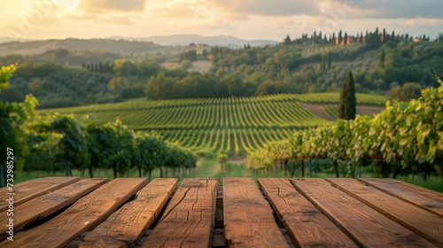 An empty wooden table for product display. Blurred french vineyard in the background