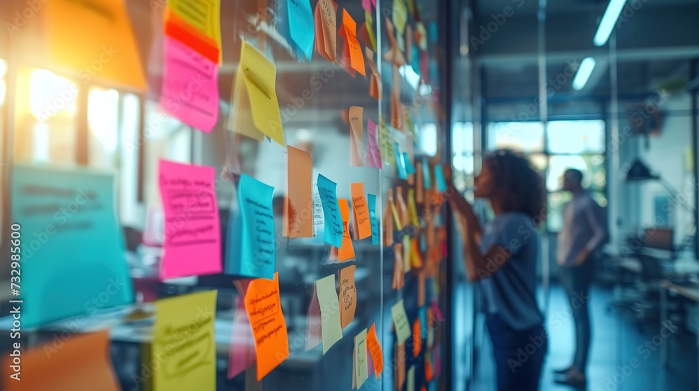 Professionals engage in agile project management using a Kanban board full of colorful sticky notes in a modern office space.