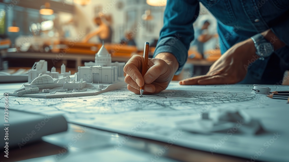 An architect's focused hand is seen drawing on a masterplan, with a detailed architectural scale model in the foreground of the workspace. An architect's focused hand is seen drawing on a masterplan, with a detailed architectural scale model in the foreground of the workspace.