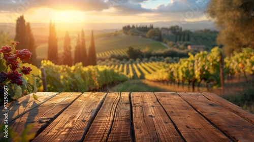 An empty wooden table for product display. Blurred french vineyard in the background photo