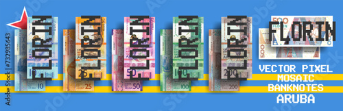 Vector set of pixel mosaic banknotes of Aruba. Collection of notes in denominations of 10  25  50  100  200 and 500 florins. Obverse and reverse. Play money or flyers.