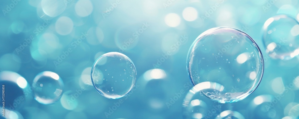 Abstract beautiful transparent soap bubbles floating on light blue background