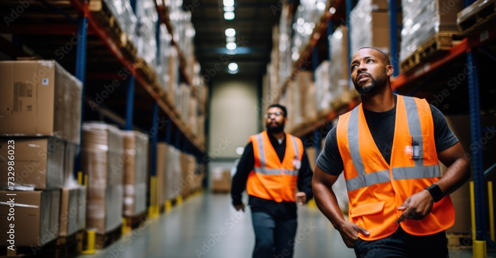 Warehouse workers organize inventory on shelves, capturing logistics and industrial ambiance. Warehouse workers organize inventory on shelves, capturing logistics and industrial ambiance.