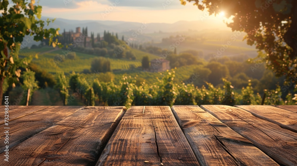 Fototapeta premium An empty wooden table for product display. Blurred french vineyard in the background