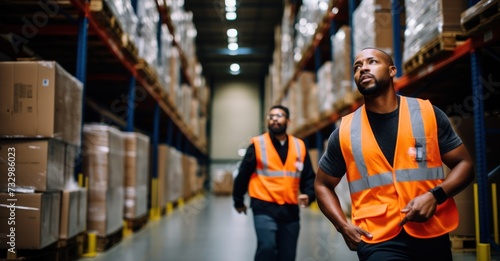 Warehouse workers organize inventory on shelves, capturing logistics and industrial ambiance.
