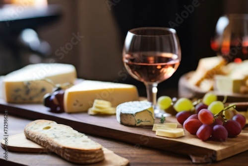 A close-up shot of a cheese board adorned with various types of cheese wedges, grapes, and figs, served with a glass of wine