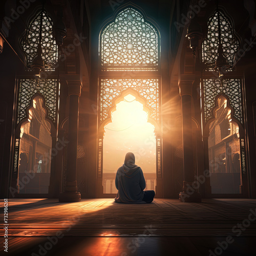 a image of a person sitting in a mosque with the sun shining through the windows photo