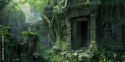 An ancient, abandoned temple overrun by nature, with intricate carvings and overgrown vines. Resplendent.