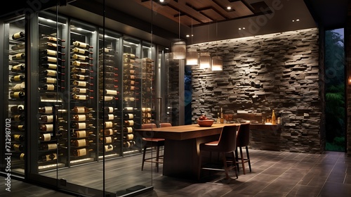 A contemporary wine cellar with glass walls showcasing an impressive wine collection