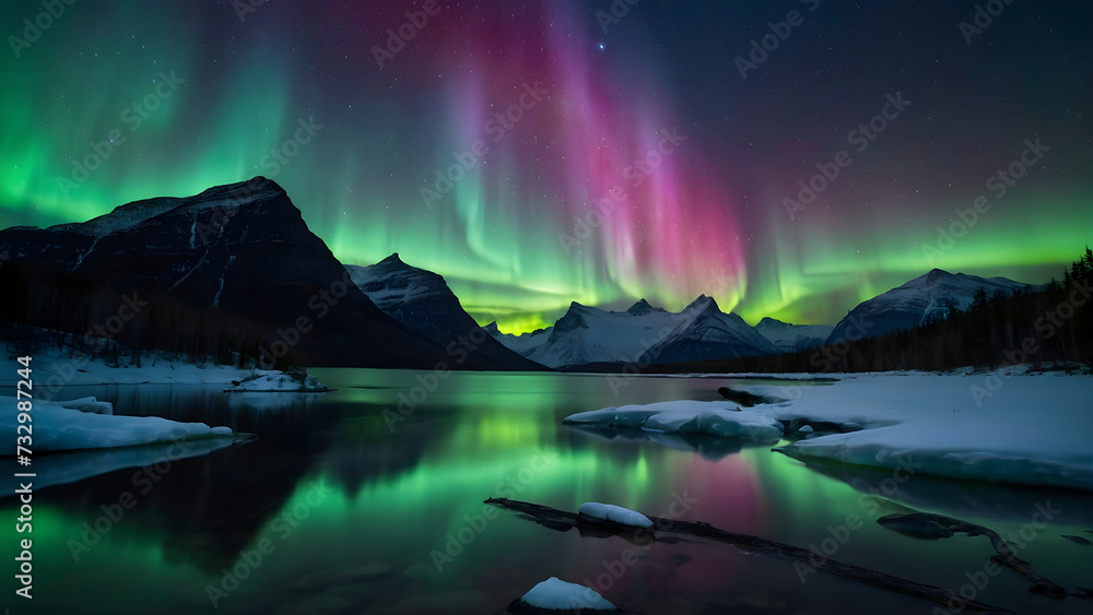 Beautiful landscape scene with Aurora Borealis and Milky way over mountains reflected in water, background, wallpaper