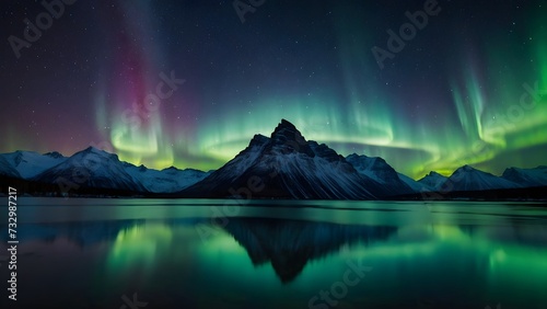 Beautiful landscape scene with Aurora Borealis and Milky way over mountains reflected in water, background, wallpaper © Karlo