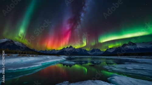 Beautiful landscape scene with Aurora Borealis and Milky way over mountains reflected in water, background, wallpaper