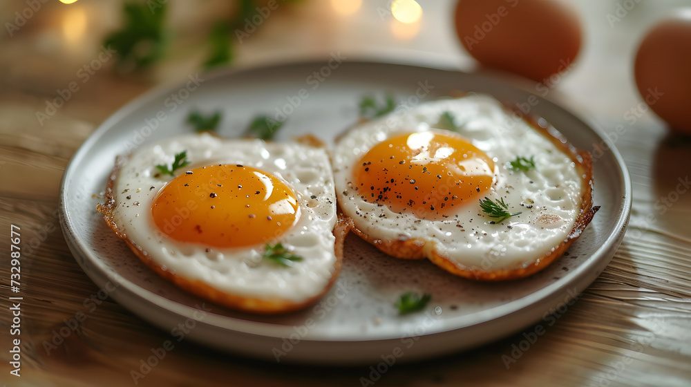 A plate with fried eggs on a wooden table. delicious breakfast with sun shine