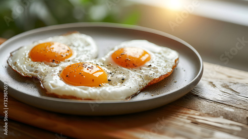A plate with fried eggs on a wooden table. delicious breakfast with sun shine