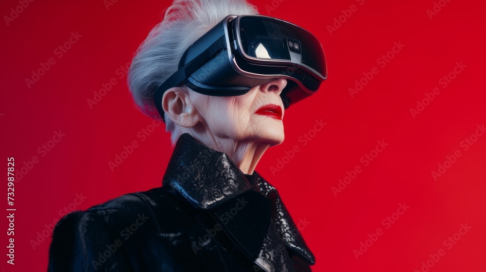 Elderly woman in VR headset on red background. Immersive experience of virtual reality. Elderly woman in VR headset on red background. Immersive experience of virtual reality.