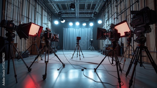 Video production studio featuring multiple cameras and red lighting equipment with a grey backdrop and overhead rigging. photo