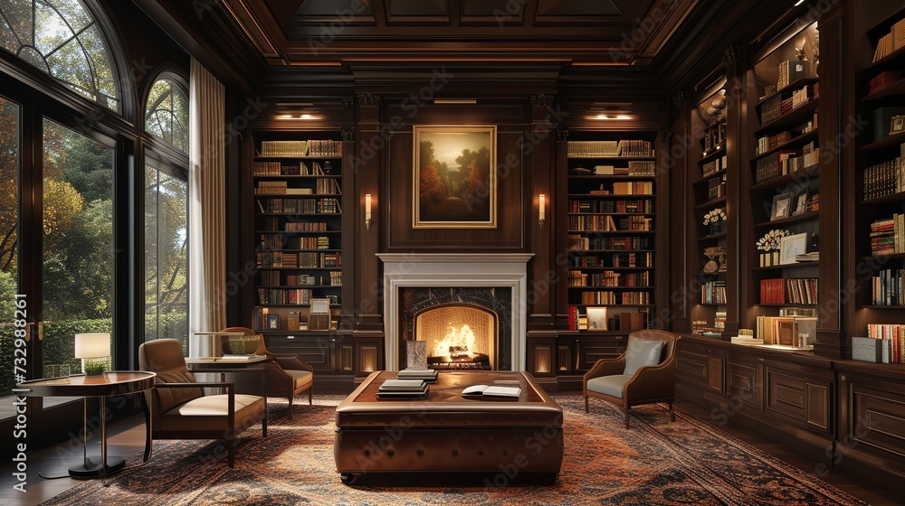 A timeless home library design featuring dark wood bookshelves, a warm ...