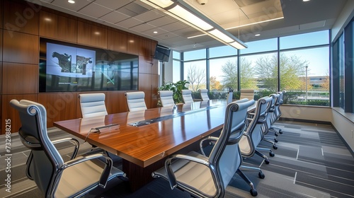 This contemporary conference room is equipped with advanced technology, sleek furniture, and boasts ample natural light with a scenic view.