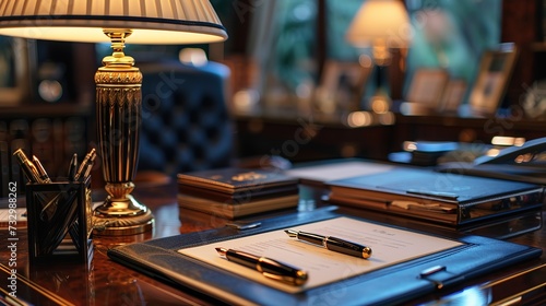 An opulent classic office setting with a vintage lamp, leather-bound books, and an elegant writing pad.