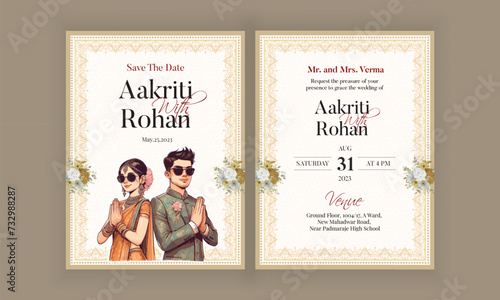 Traditional Royal Wedding Invitation card design with Bride and Groom Welcoming illustration	