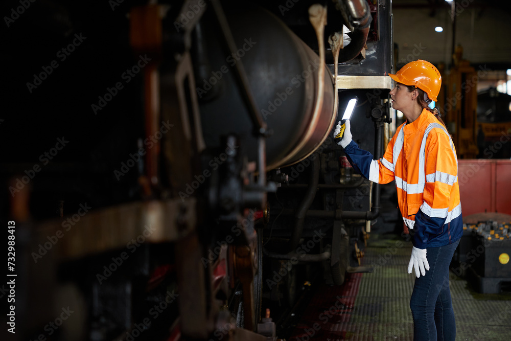engineer or technician using light stick and checking construction train at station engineer or technician using light stick and checking construction train at station