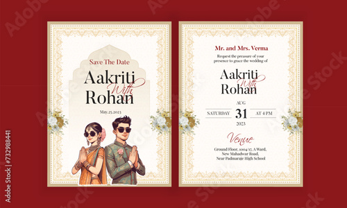 Traditional Royal Wedding Invitation card design with Bride and Groom Welcoming illustration	 photo