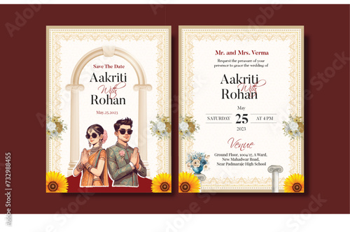 Traditional Royal Wedding Invitation card design with Bride and Groom Welcoming illustration	